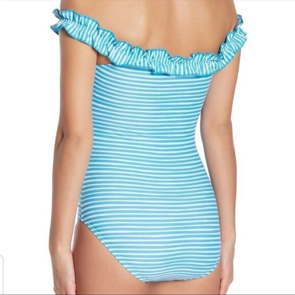 NICOLE MILLER One Piece Stripe Off Shoulder Ruffle Swim Bathing Suit Size 10 - Picture 2 of 9